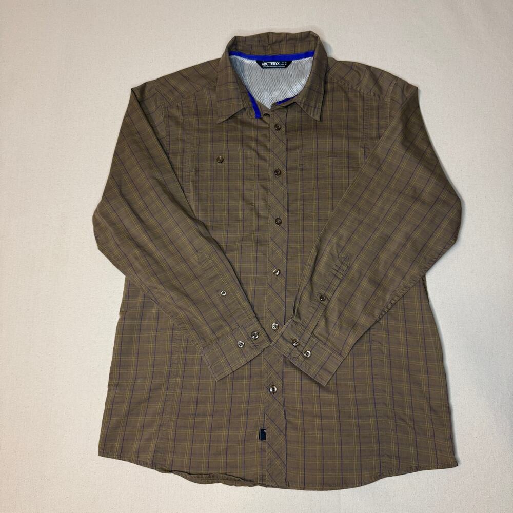 Arc'teryx Mens Medium Plaid Long Sleeve Button Down Shirt Brown Purple Technical